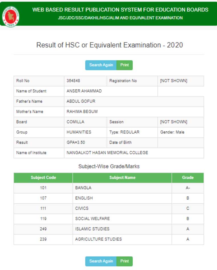 HSC, ALIM & Equivalent Results 2020 Marksheet with Number 