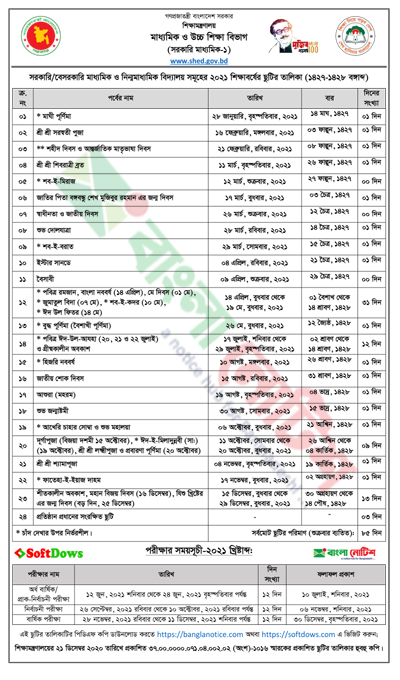 মাধ্যমিক ও নিন্মমাধ্যমিক বিদ্যালয় সমূহের ২০২১ সালের ছুটির তালিকা